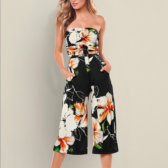 Black Tropical Floral Strapless Cropped Jumpsuit - Picture 2 of 7